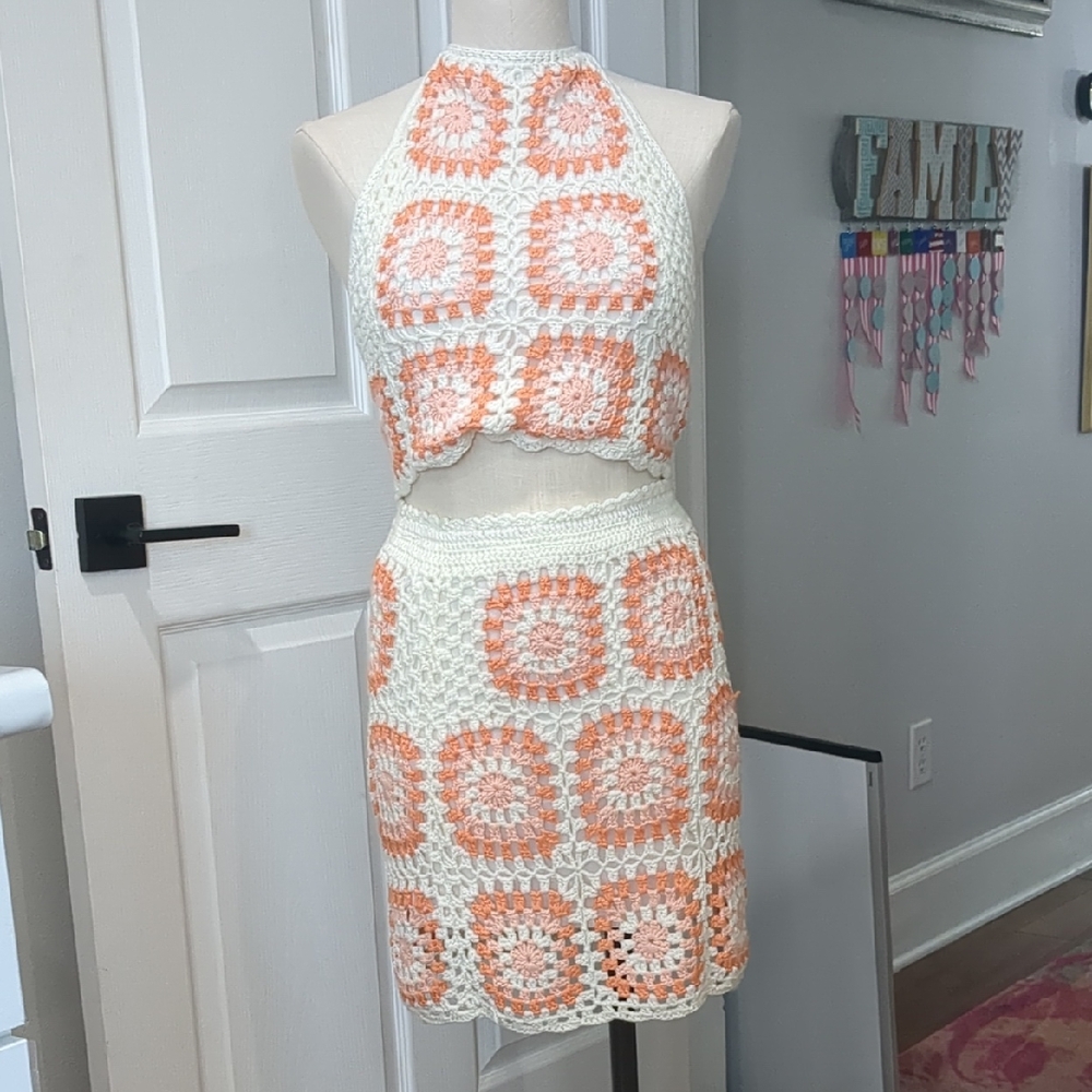 Pink Lily Crochet Set in Cream and Orange